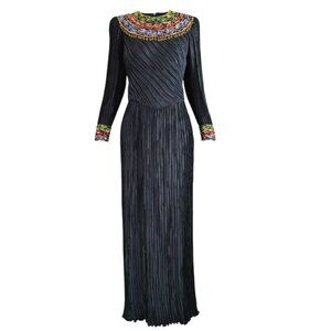 George F Couture for I. Magnin 1980s Black Gown Multicolor Beads Size 10 NEW